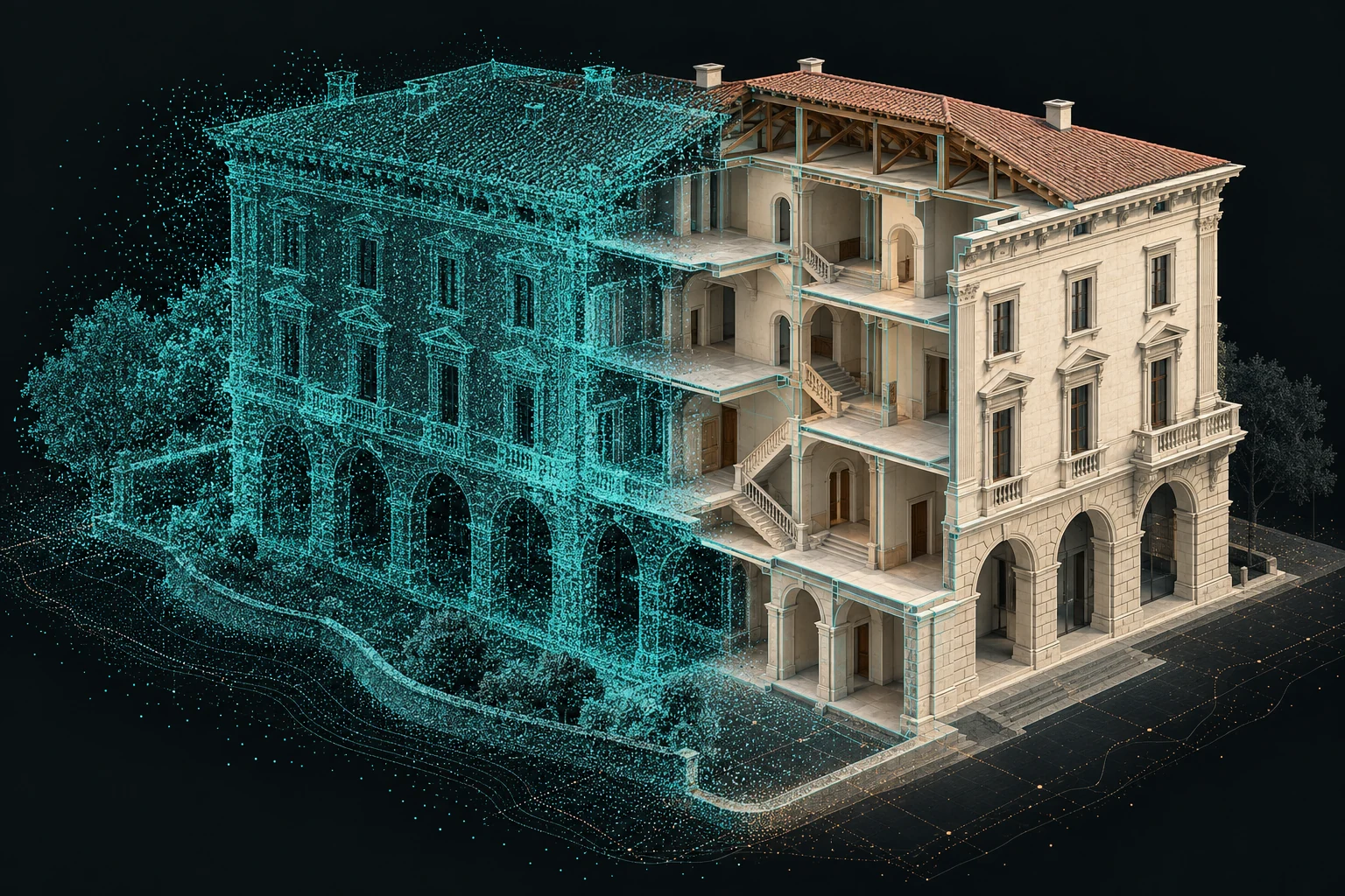 Visualizzazione dimostrativa di un palazzo: nuvola di punti turchese e modello architettonico in sezione