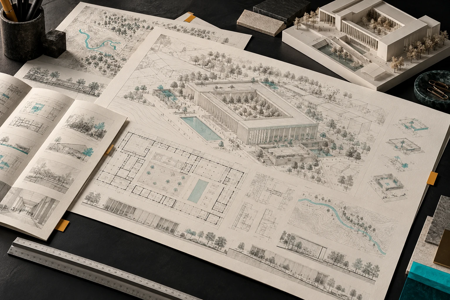 Composizione illustrativa di tavole architettoniche, elaborati tecnici e modello di edificio